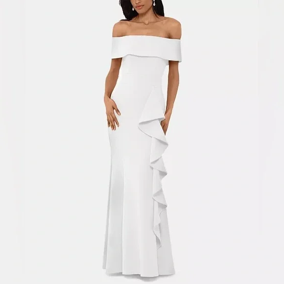 floral off shoulder dresses Midi Floral Jacquard Off-Shoulder Gown – Elegant Dress for Garden Gal White / XS